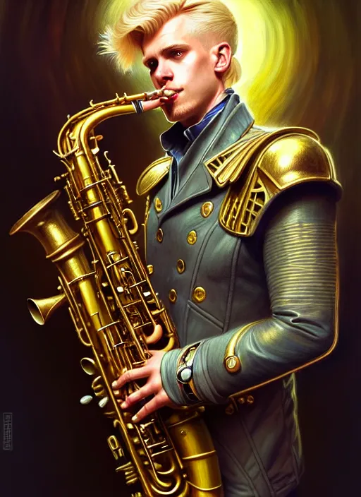 Image similar to portrait of a blond man playing sax, warhammer 40000, cyberpunk, intricate, elegant, highly detailed, digital painting, artstation, concept art, smooth, sharp focus, illustration, art by artgerm and greg rutkowski and alphonse mucha and Gustav Klimt