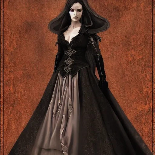 Prompt: full length portrait of a woman with timeless beauty & breathtaking eyes dressed in gothic attire, intricate, elegant, DSLR 8K, biblical art, realism, incomprehensible detail, final fantasy & silent hill aesthetic, photorealistic, lifelike, created by Razaras on deviantart