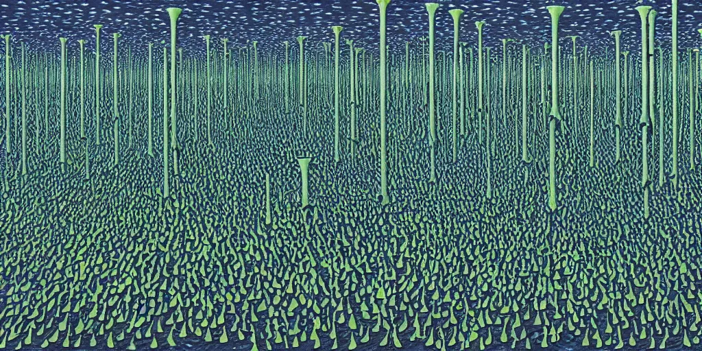 Image similar to Artwork by Tim White of the cinematic view of a forest of giant diatoms.