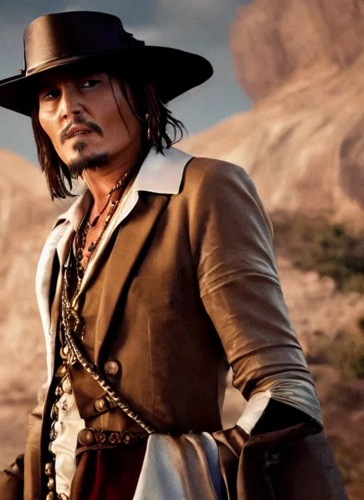 Prompt: film still of Johnny Depp as Cole Thorton in El Dorado, 4k