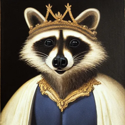 Prompt: a renaissance style portrait oil painting of a raccoon wearing a crown and a cape, dark background