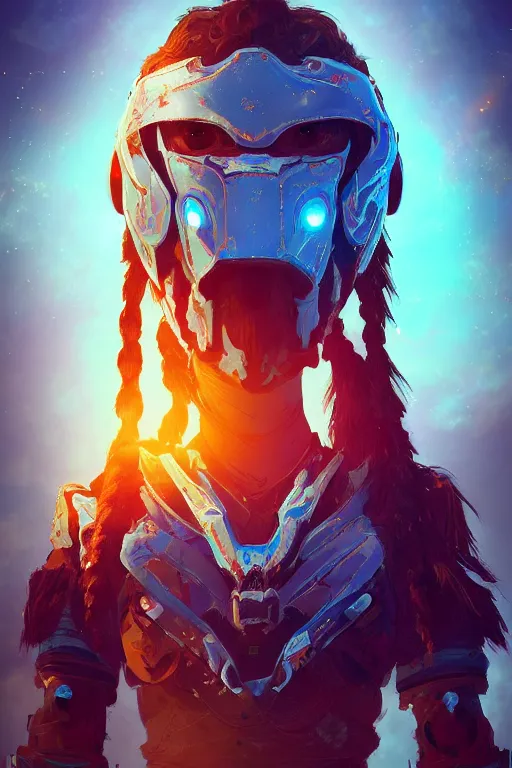 Image similar to combination suit armor aloy horizon forbidden west horizon zero dawn radiating a glowing aura global illumination ray tracing hdr fanart arstation by ian pesty and alena aenami artworks in 4 k tribal robot ninja mask helmet backpack