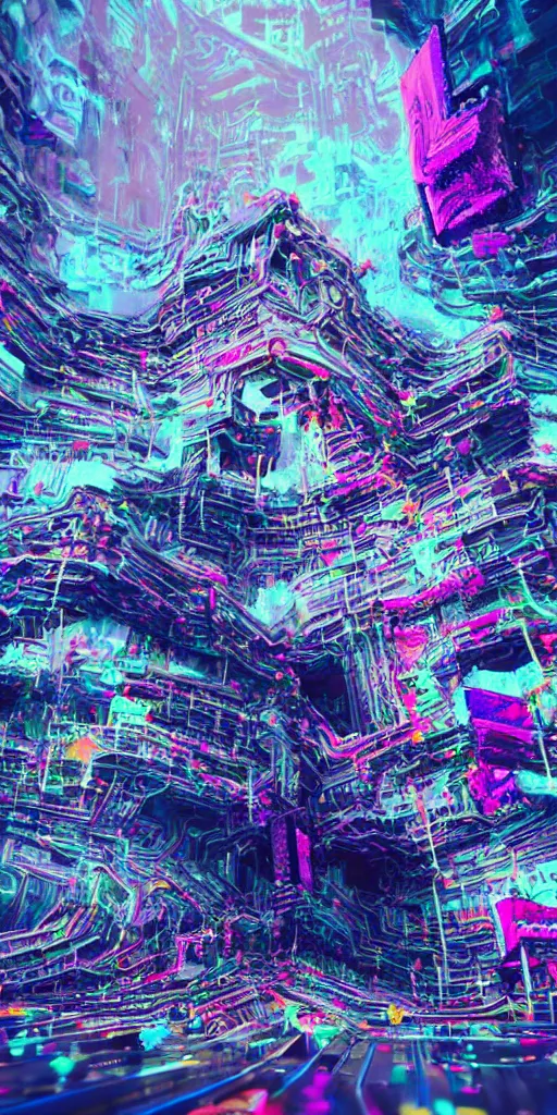 Image similar to impossibly beautiful monolithic shrine to technology that extends to the heavens, intricate complexity, horror, rainbow drip paint, psychedelic glitch art, trending on art station, photoreal, 8k, octane render