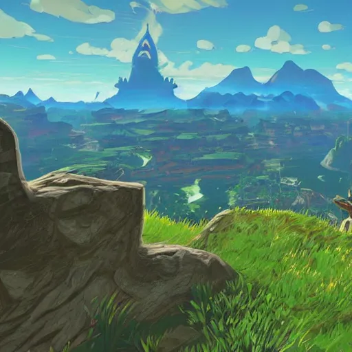 Prompt: detailed scenery from the legend of zelda breath of the wild, breath of the wild art style.