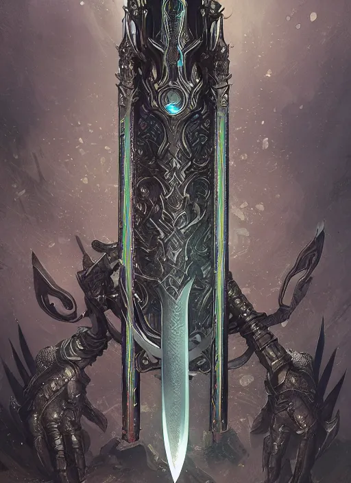 Image similar to legendary sword of technology, intricate black and iridescent blade, ornate gothic baroque spikes, glowing handle, detailed realistic, ray tracing, colored gems, art by greg rutkowski