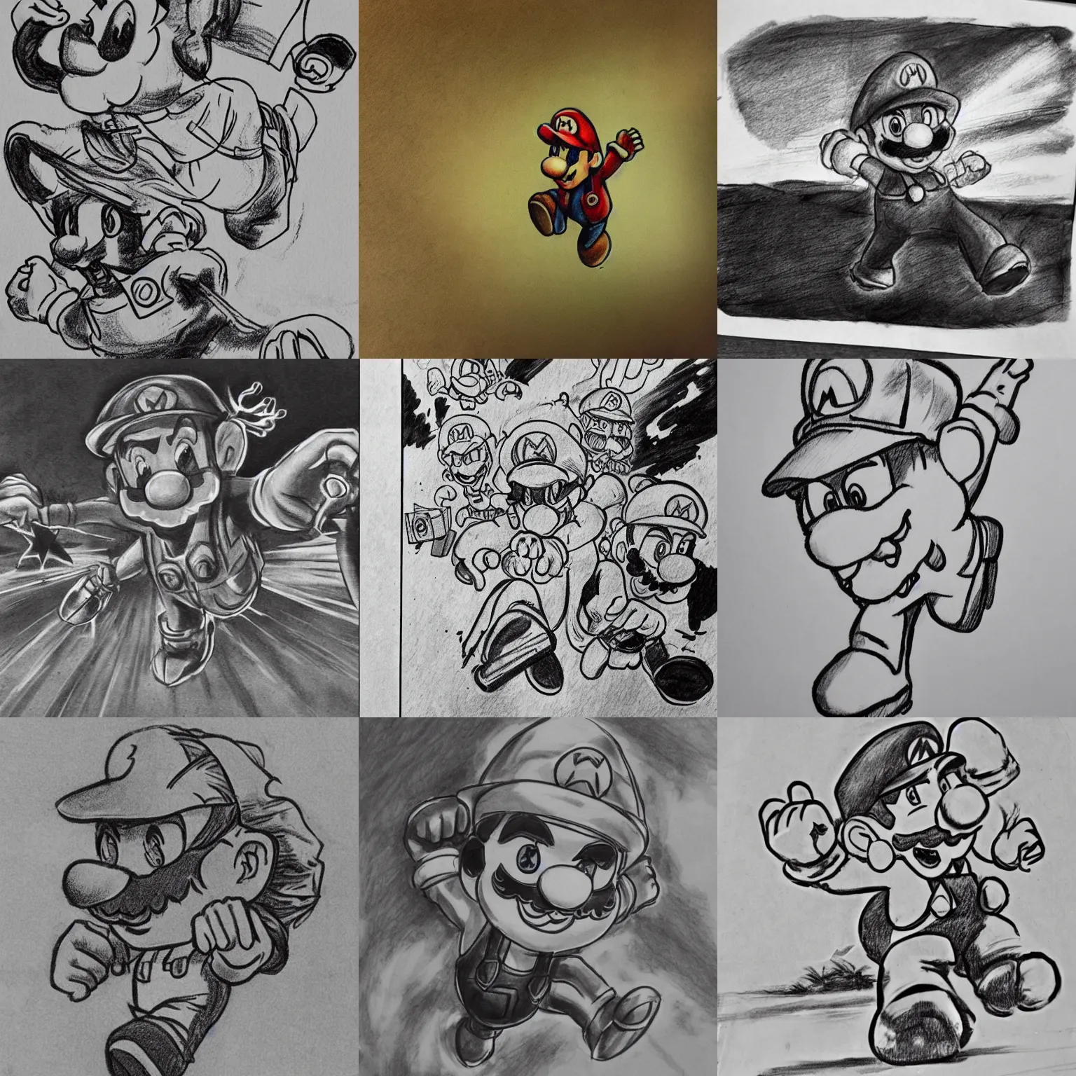 Image similar to epic shaded pencil sketch of super mario running, focused stare, striking detailed artstyle, monochrome, accurate colors, talented mangaka artist