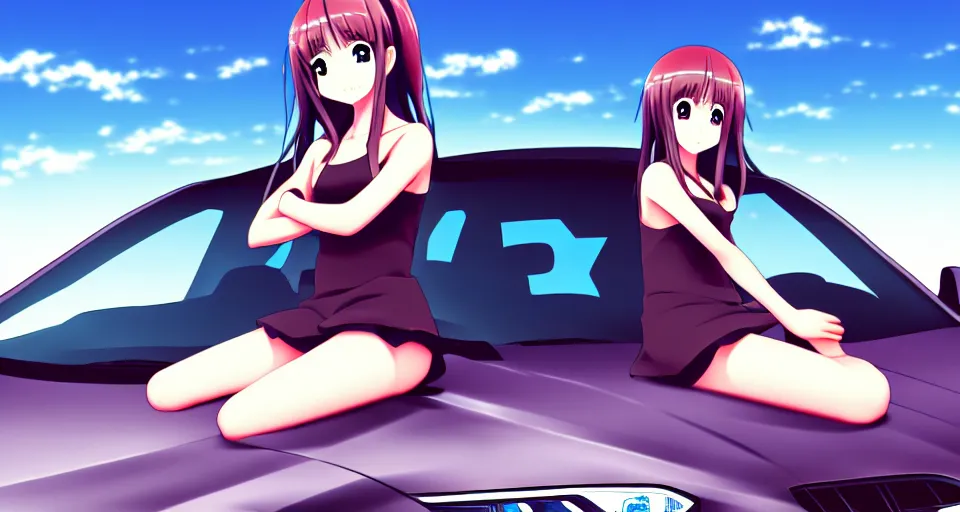 Prompt: A anime art of asian modern girl character sitting on hood subaru car, digital art, 8k resolution, anime style