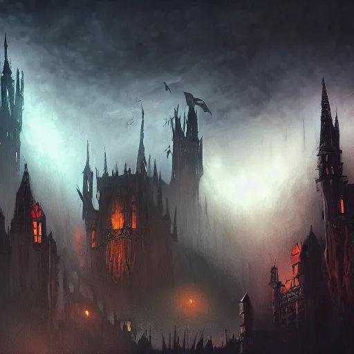 Prompt: fantasy dark medieval gothic cityscape on hill, painting, lights, darkness, lanterns, fog, people in the streets, small buildings, city wall, smoke, dark fantasy, magic the gathering, blue tint, detailed, sharp focus, hyperrealistic, fantastic artwork, 4 k, artstation, high fantasy, volumetric lighting, strong contrast, dark sky, far shot