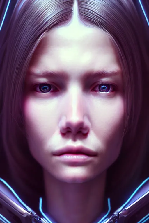 Image similar to a portrait of a beautiful 28th century super cool post-human female with long hair, barely human and largely biomechanical cyberpunk, hyper-realistic, very detailed unreal engine, by Artgerm, WLOP and Ross Thran, dramatic cinematic lighting rendered by octane, 8k, detailed, trending on artstation, deviantart google images, pinterest