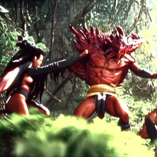 Prompt: Black-haired Saiyan warrior, fighting Yautja Predator in the jungle, 1987 cinematic, film quality