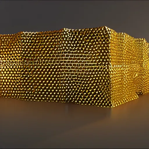 Image similar to wave particles emitting gold light surrounded by metallic cubes, 3D render, octane, bright colors, hyperrealistic