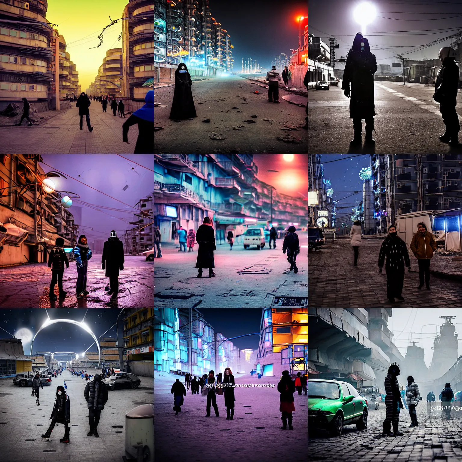 Prompt: people on the futuristic dangerous streets of a Russian cyberpunk slum city called Neo Norilsk on the Moon, at night, lots of flying cars, diverse, lively, black sky full of stars, blinding sun, sci-fi, lots of flying cars, levitation, cyberpunk outfits, photorealistic, grainy, 35mm, intricate, very very beautiful, elegant, smooth, cinematic, Unreal Engine 5, by Beeple, trending on Artstation HD