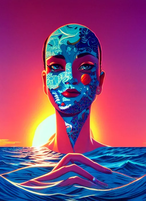 Image similar to ocean with a sunset, tristan eaton, victo ngai, artgerm, rhads, ross draws