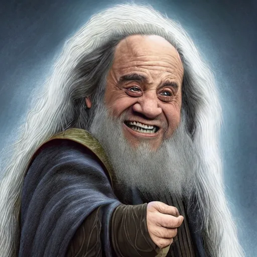 Image similar to ultra realistic illustration, danny devito as gandalf the white from lord of the rings movie, full body, high quality, highly detailrd, wide angle, illustration, digital art, full color