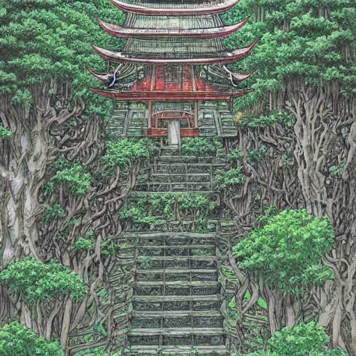 Image similar to hyper-detailed concept art for an ancient underground shrine with lots of vines and moss growing by masashi kishimoto