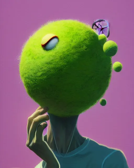 Image similar to highly detailed vfx portrait of a character of a tennis ball monster stephen bliss, chalk, unrealengine, greg rutkowski, loish, rhads, beeple, chalk, makoto shinkai and lois van baarle, ilya kuvshinov, rossdraws, tom bagshaw, basil gogos