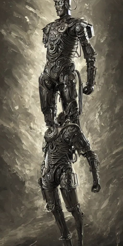 Image similar to powerful male tin man, willem dafoe as tinman, full body character concept, covered in full metal armor, art nouveau, super powers, fantasy, intricate, elegant, highly detailed, digital painting, artstation, concept art, shining, sharp focus, illustration, art by stanley lau
