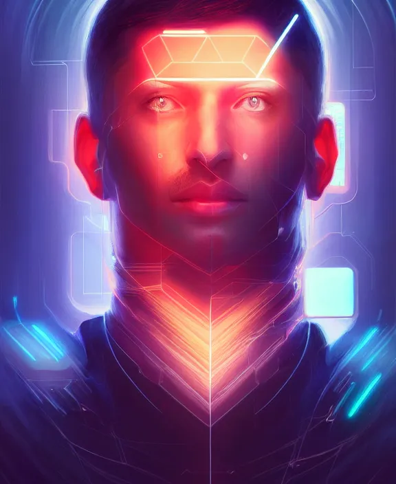 Image similar to a whirlwind inside the metaverse, guy, male, man, hologram, half body, neurochip, android, cyborg, cyberpunk face, by loish, d & d, fantasy, intricate, elegant, highly detailed, colorful, digital painting, artstation, concept art, art by artgerm and greg rutkowski and alphonse mucha