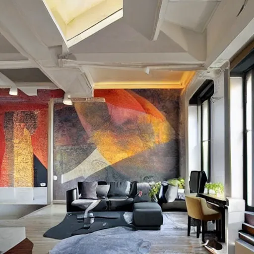 Image similar to mural on the wall of a contemporary loft, gorgeous architecture, popular interior design style