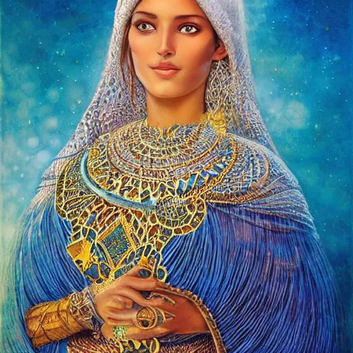 Image similar to a beautiful touareg algerian woman by karol bak, ayami kojima, artgerm, sakimichan, arabian beauty, blue eyes, smile, concept art, fantasy