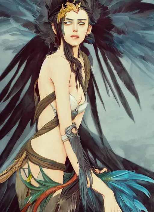 Image similar to concept art painting of a harpy with black feathers, androgynous, pirate clothes, detailed, realistic, cel shaded, in the style of makoto shinkai and james gurney and alphonse mucha and greg rutkowski and artgerm