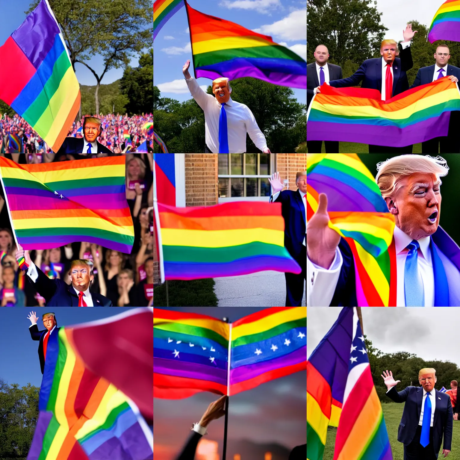 Prompt: stunning photo of donald trump waving lgbtq rainbow pride flag