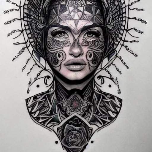 Image similar to tattoo design of a beautiful girl face, hyper detailed, in the design of eliot kohek