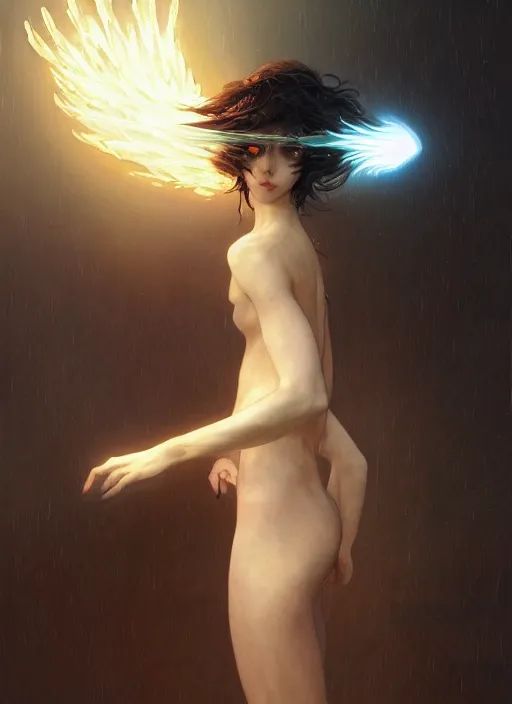 Prompt: woman covered by black oil, intricate lights, phoenix, bio luminescent, plasma, by ruan jia and artgerm and range murata and wlop and ross tran and william - adolphe bouguereau and beeple. key art. fantasy illustration. award winning, artstation, intricate details, realistic, hyperdetailed, 8 k resolution.