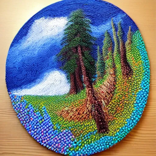 Prompt: a picture of a painting on a wooden table, an airbrush painting by bob ross, pinterest contest winner, kinetic pointillism, made of beads and yarn, acrylic art, detailed painting