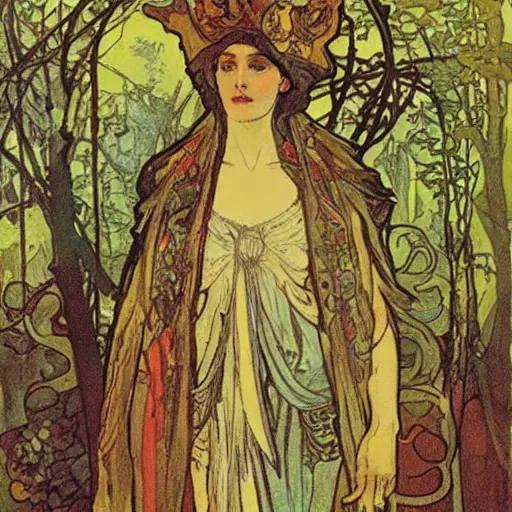 Image similar to the forest king, painted by alfons mucha