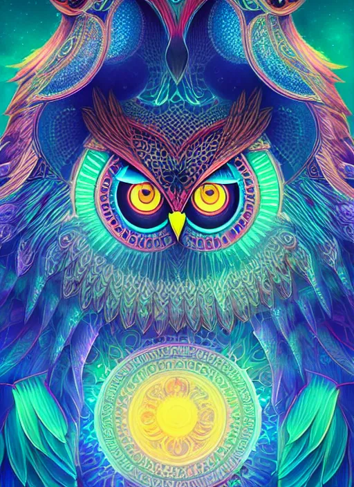 Image similar to symmetry!! product render poster vivid colors divine proportion owl, 神 圣, glowing fog intricate, elegant, highly detailed, digital painting, artstation, concept art, smooth, sharp focus, illustration,