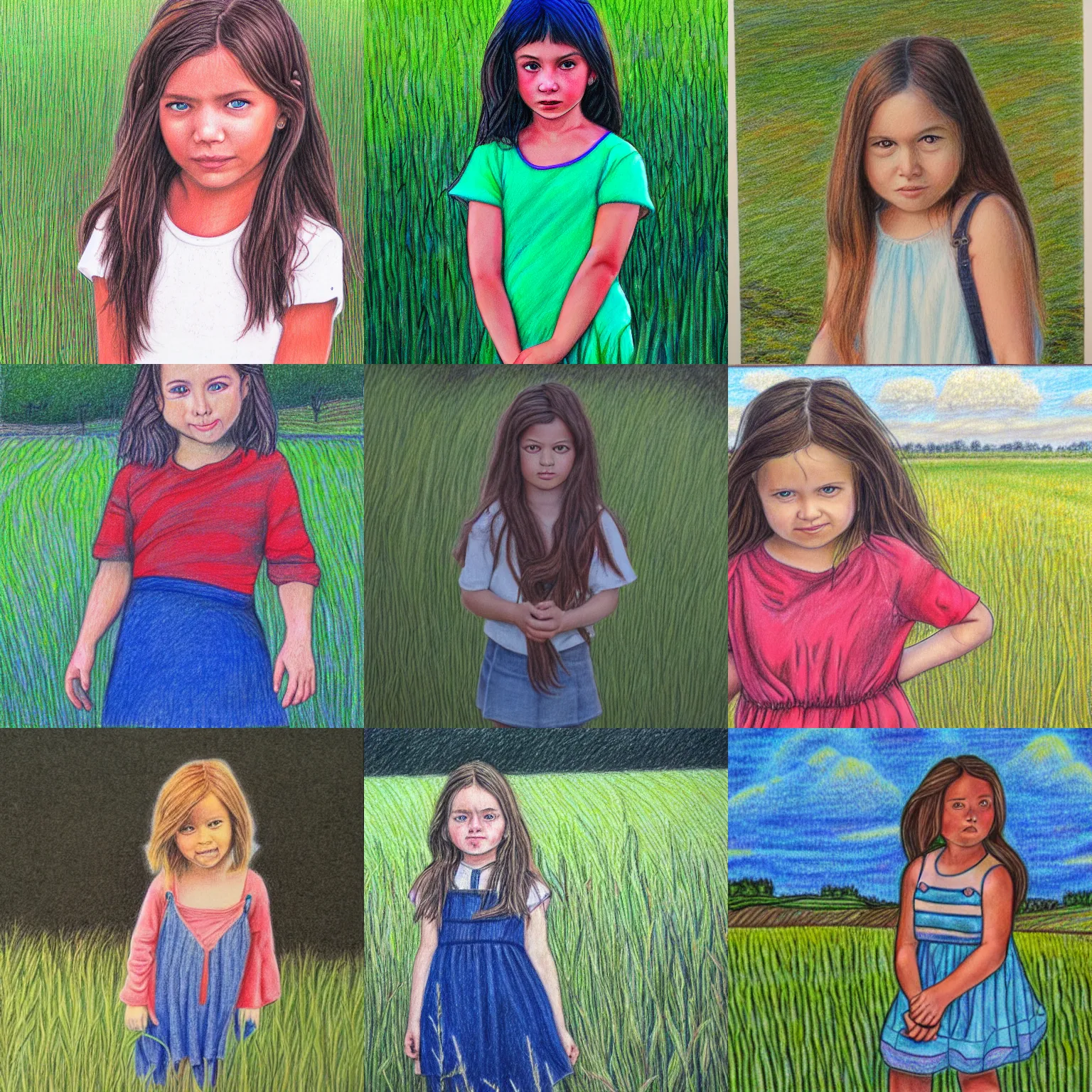 Prompt: portrait colored pencil drawing of mischievous girl standing in field looking at camera.