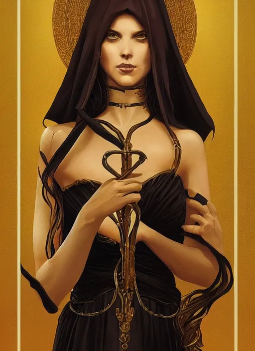 Prompt: tarot!!, high priestess, no noise, elegant, concept art, sharp focus, beautiful face!!, digital art, smooth defined outlines!!, human anatomy, human structure, vector background, dark fantasy, by Brom, trending on Artstation, Tom Bagshaw, Sargent