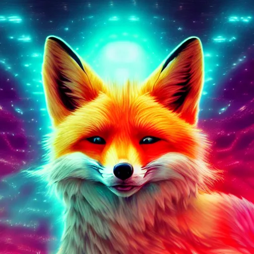 Prompt: digital fox, retrowave palette, digital world, phasing, highly detailed, electric breeze, anatomically correct vulpine, synth feel, fluffy face, ear floof, flowing fur, super realism, accurate animal imagery, 4 k digital art