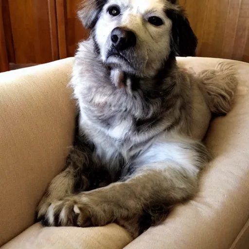 Image similar to cozy picture of older handsome lord richard is sitting gracefully on a sofa, his eyes look wise, happy wise. he has bouncy belly