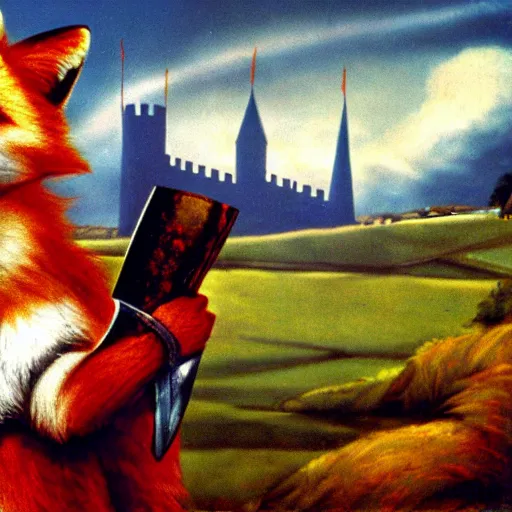 Image similar to anthropomorphic fox!! who is a medieval knight holding a sword towards a stormy thundercloud 1 9 3 0 s film still, castle in the background