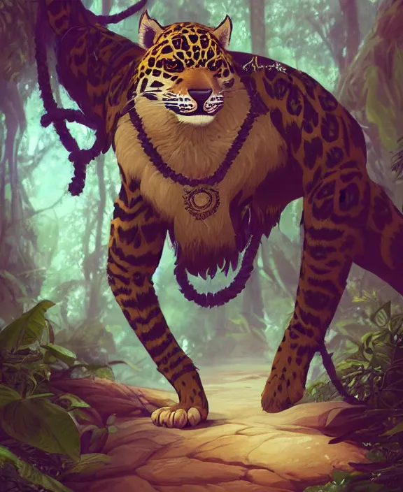 Image similar to character portrait feature of the anthro male anthropomorphic jaguar fursona animal person wearing shaman tribal outfit robes belt standing in the amazon rainforest, well framed character design stylized by charlie bowater, ross tran, artgerm, makoto shinkai, detailed, soft lighting, rendered in octane