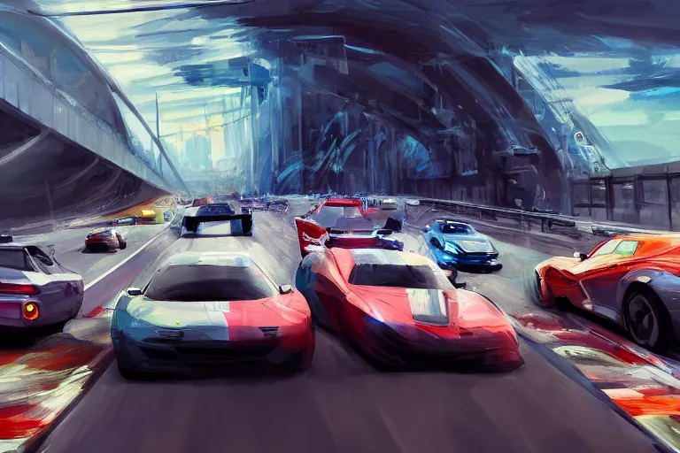 Prompt: modern cars racing on a highway, digital painting, mixed media, trending on artstation and deviantart, epic composition, highly detailed, 8 k