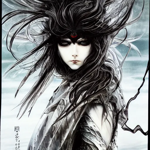 Prompt: Yoshitaka Amano realistic illustration of an anime girl with wavy white hair, black eyes and cracks on her face wearing Elden ring armour with the cape fluttering in the wind, abstract black and white patterns on the background, noisy film grain effect, highly detailed, Renaissance oil painting, weird portrait angle