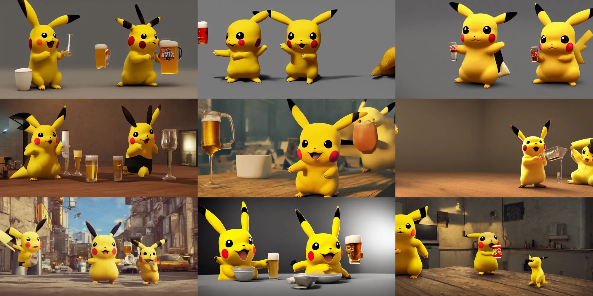 Image similar to a realistic Pikachu drinking beer, digital art, wide shot, highly detailed, hyperrealistic, photorealistic, unreal engine 5, very detailed, made by a professional 3d artist, dynamic lighting, trending on artstation, 4k uhd, epic composition, masterpiece