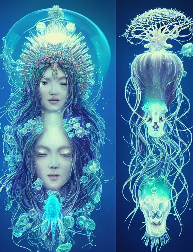 Image similar to goddess macro shouler portrait from bottom to top in crown made of ram skull. betta fish, jellyfish phoenix, bioluminiscent, plasma, ice, water, wind, creature, super intricate ornaments artwork by tooth wu and wlop and beeple and greg rutkowski and alexander fedosav