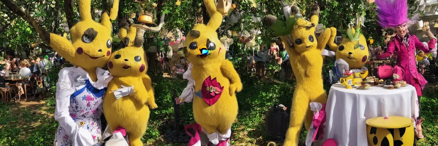 Image similar to groot and pikachu at the mad hatter tea party