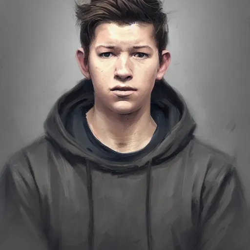 Prompt: portrait of a man by greg rutkowski, he looks like tye sheridan, he is about 2 0 years old, messy brown hair, tired eyes, he is wearing a black hoodie with hood, highly detailed portrait, digital painting, artstation, concept art, smooth, sharp foccus ilustration, artstation hq