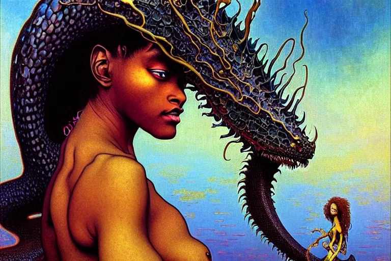 Prompt: realistic extremely detailed closeup portrait painting of a beautiful black woman, mutant dragon and a single old house on background by Jean Delville, Amano, Yves Tanguy, Ilya Repin, Alphonse Mucha, Ernst Haeckel, Edward Robert Hughes, Roger Dean, heavy metal 1981, rich moody colours