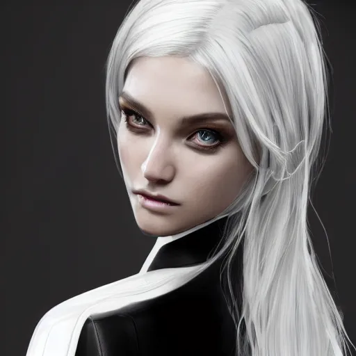 Prompt: highly detailed portrait of beautiful white haired android female, wearing a black jacket, very beautiful face, very detailed eyes, intricate, cgsociety, cinematic studio lighting