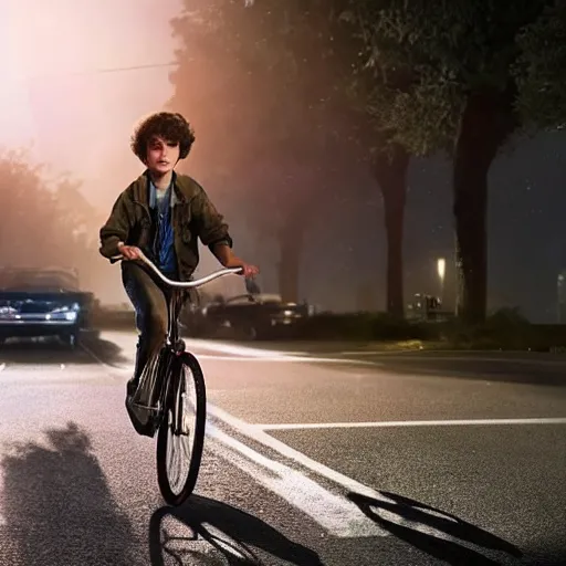 Image similar to Finn WolfHard (Mike Weeler) from Stranger Things riding her bike in the middle of the street, the bike's flashlight illuminating the ground, the clear sky, realistic, extremely high details, photorealistic, 2022s, soft lighting, 4k, human photo