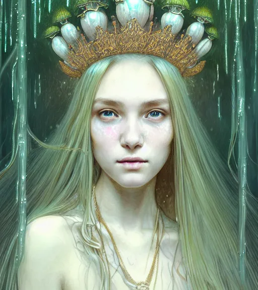 Image similar to portrait of teenage queen, long opalescent glistening wet hair made mycelium, blind frosted eyes, peaceful expression, bone jewelry, intricate, elegant, gem jewelry, mushroom cave, glowing lights, highly detailed, digital painting, artstation, concept art, smooth, sharp focus, illustration art by wlop, mucha, artgerm, and greg rutkowski