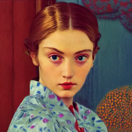 Prompt: a lot of patterns morphing in a beautiful girls face, film still by wes anderson, depicted by balthus, limited color palette, very intricate, art nouveau, highly detailed, lights by hopper, soft pastel colors, minimalist