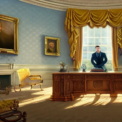 Image similar to spongebob in the oval office as president of the united states, volumetric lighting, 8 k octane beautifully detailed render, post - processing, extremely hyper - detailed, intricate, epic composition, cinematic lighting, masterpiece, trending on artstation, detailed detailed detailed, masterpiece, stunning art by anders zorn, wonderful masterpiece by greg rutkowski, beautiful cinematic light,