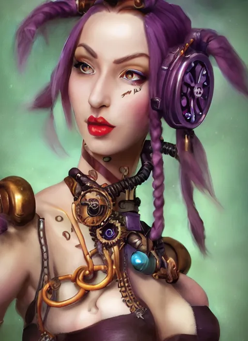 Image similar to steampunk portrait of jinx from league of legends, au naturel, hyper detailed, digital art, trending in artstation, cinematic lighting, studio quality, smooth render, unreal engine 5 rendered, octane rendered, art style by klimt and nixeu and ian sprigger and wlop and krenz cushart.